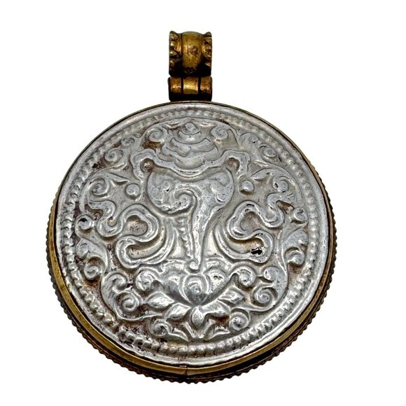 Handcrafted Tibetan Pendant  Silver Brass Amulet Reversible Auspicious Symbols - Picture 1 of 11